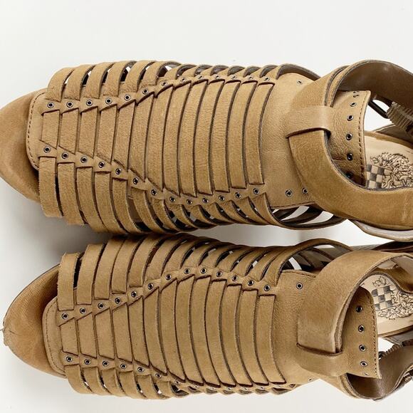 Vince Camuto Taupe Leather Gladiator Sandals 8.5M | Strappy Boho Chic Heels - Picture 16 of 16